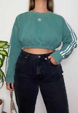 Reworked Adidas Green 3 Stripe Cropped Sweatshirt