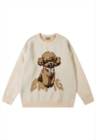 Poodle sweater dog print fluffy knitwear jumper in cream