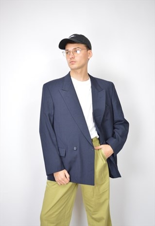 Vintage dark blue classic 80's wool suit blazer