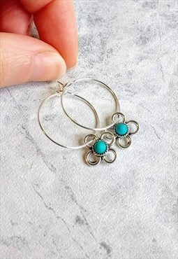 Mini Antique-style Turquoise Flower Hoop Earrings