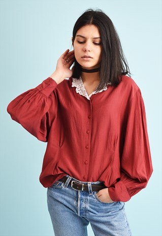 80'S RETRO TRIMMED LOOSE-FITTED MOMS BLOUSE TOP