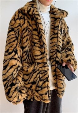 Loose zebra fleece jacket animal print fake fur coat brown
