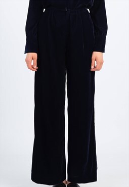 Blue velvet high-waisted wide leg pants without waistband