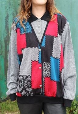 Vintage 80s 90s Grey Patchwork Jumper with Waistcoat 