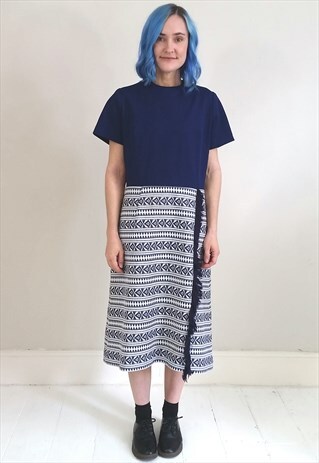 VINTAGE 70'S NAVY BLUE SHIFT DRESS AZTEC PRINT W/ FRINGE