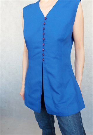 VINTAGE LINEN BLUE BETTY BARCLAY VEST, MEDIUM, LONG VEST