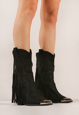 Black Suede Fringed Cowboy Boots