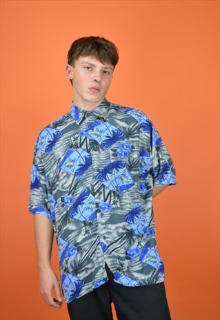 Vintage blue graphic abstract print short sleeve shirt