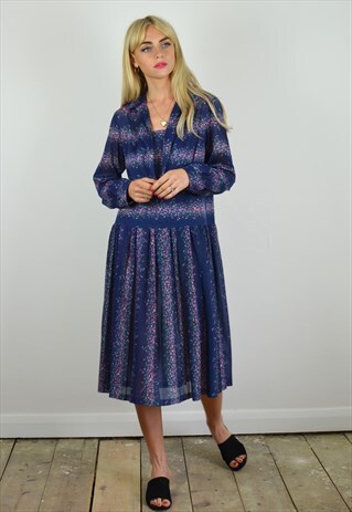 VINTAGE 70S NAVY BOHO / PEASANT MIDI SHIRT DRESS