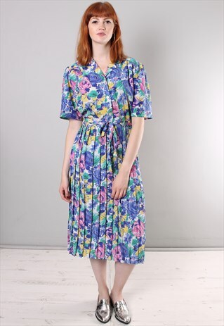 VINTAGE 80S FLORAL PATTERNED PLEATED MIDI DRESS