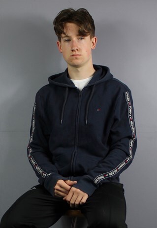 Vintage Tommy Hilfiger Hoodie in Navy Blue with Logo Taping