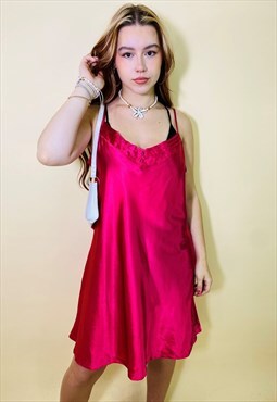 Vintage 00s Y2K Hot Pink Satin Summer Slip Dress
