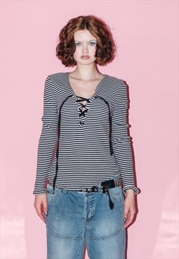 Vintage Y2K ribbed lace-up striped longsleeve top in B & W