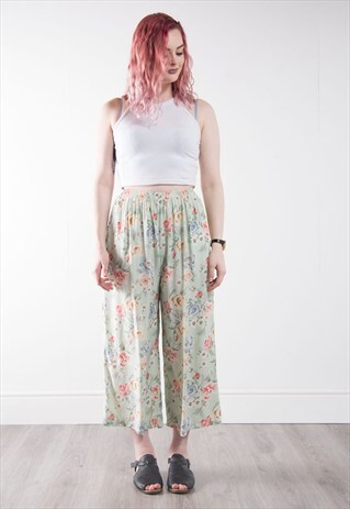 90'S PASTEL GREEN FLORAL PATTERN LOOSE FIT TROUSERS