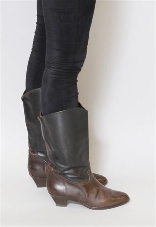 VINTAGE 1980'S HEELED BLACK & BROWN WESTERN LEATHER BOOTS