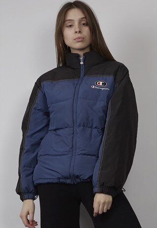 VINTAGE 90'S CHAMPION DOWN BLUE/BLACK LOGO PUFFER JACKET