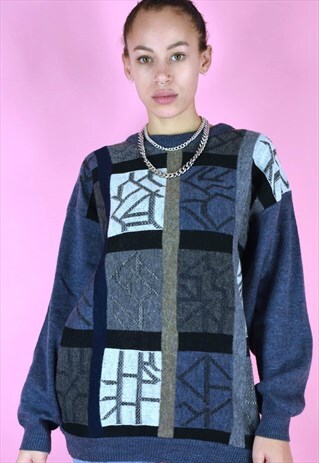 VINTAGE 90S KNIT JUMPER GRAPHIC PATTERN BLUE GREY WHITE