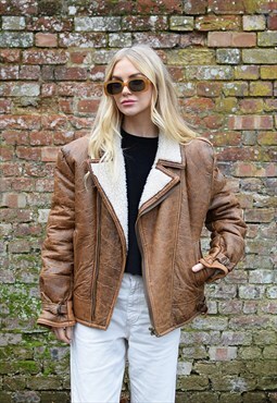 Vintage Leather Biker Jacket Brown Aviator Faux Fur Lined