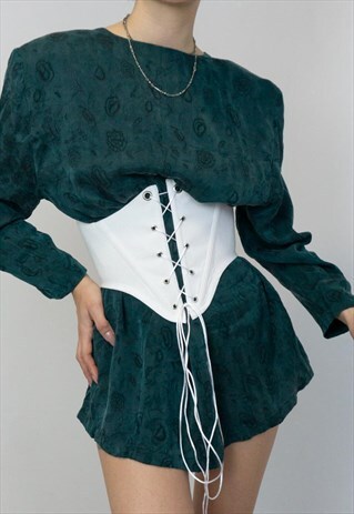 White denim up-cycled under bust belt corset. Front laces