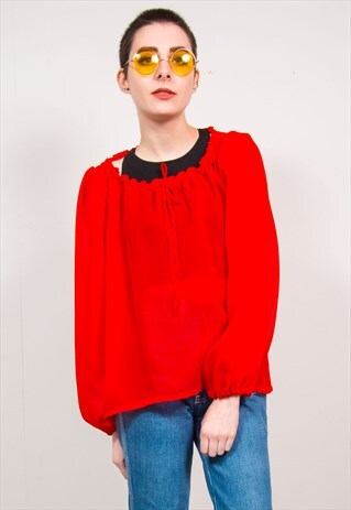 VINTAGE 70'S RED SHEER RUCHED NECK LONG SLEEVE BLOUSE TOP