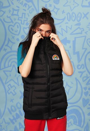 BODY WARMER GILET IN BACK WITH EMBROIDERED RAINBOW PATCH