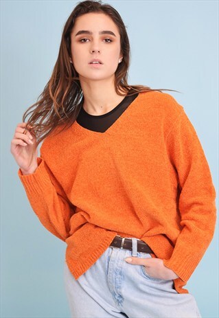 90'S RETRO ORANGE KNIT VELVETEEN JUMPER TOP