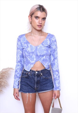 VINTAGE Y2K BLUE GLITTER FLORAL CROP TOP