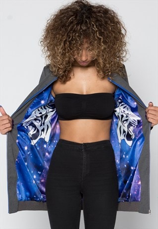 GREY LONG BOMBER JACKET WITH SPACE LINING