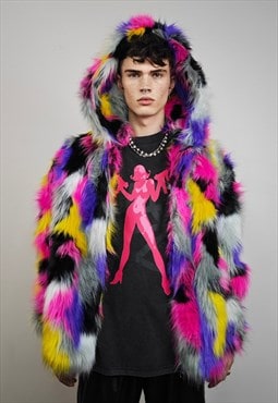 Rainbow faux fur jacket detachable hooded festival coat pink