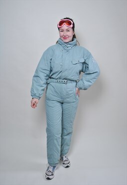 Blue one piece ski suit, retro women snow suit MEDIUM size 