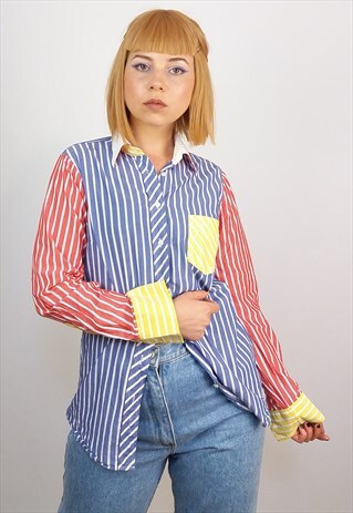 VINTAGE 90'S COLOUR BLOCK RAINBOW STRIPED SHIRT / BLOUSE