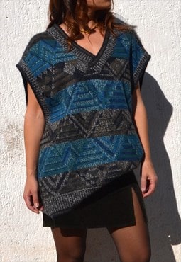 Geometrical jacquard pattern wool blend knitted vest sweater