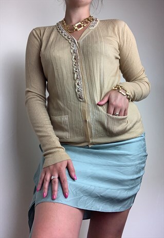 VINTAGE Y2K PRADA FRILL STONE BEIGE CARDIGAN