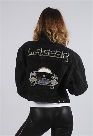 VINTAGE LA GEAR DENIM JACKET CROPPED UK 12 M (JX5T)