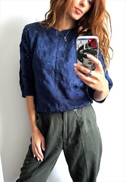 Short Sleeve Crochet deep Blue Crop Top Blouse Sweater 