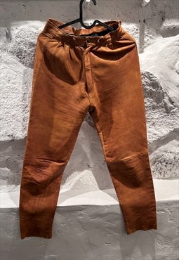 Rust Brown Retro Real Leather Pants - XS