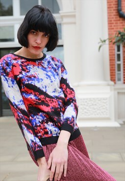 Brushed Wool Blend Jumper with Blue, red and Black Abstra