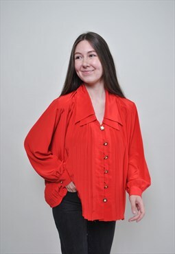 80's red formal blouse, vintage victorian evening shirt