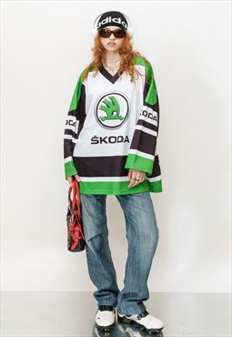 90's Vintage oversized hockey jersey in white/green/black
