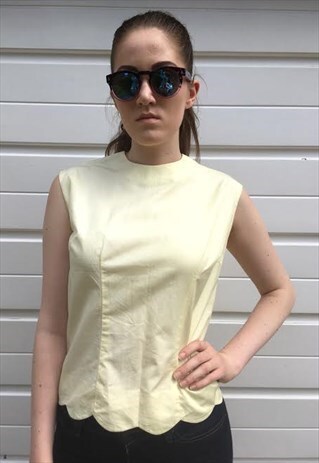 WOMENS 80S BLOUSE YELLOW TOP SLEEVELESS SCALLOPED VEST