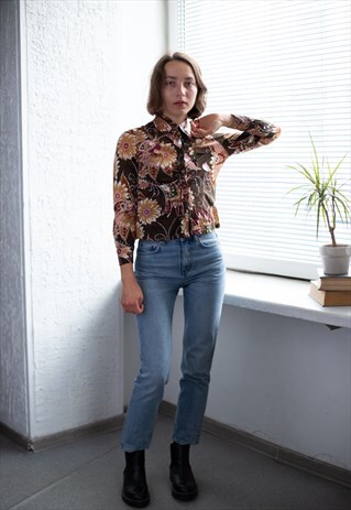VINTAGE 70'S BROWN FLOWER PRINT BOHEMIAN SHIRT