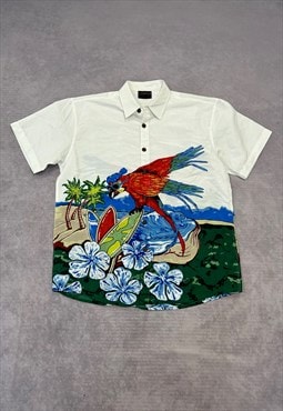 Vintage Hawaiian Shirt Parrot and Surf Board Patterned Shirt