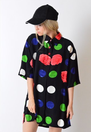 VINTAGE 90S BLACK COLOURFUL FLOWER POLKA DOT SHIRT