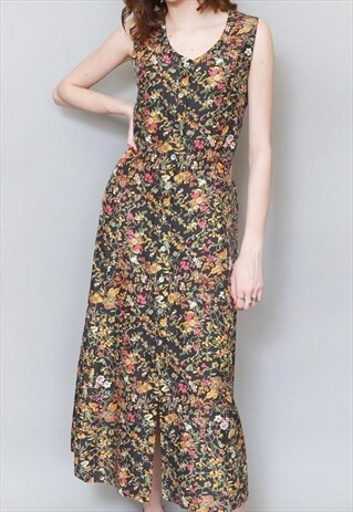 VINTAGE 1980'S SILK FLORAL PRINT BUTTON FRONT MIDI DRESS
