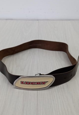Y2K Leather Belt Brown Leather Lucky Buckle 