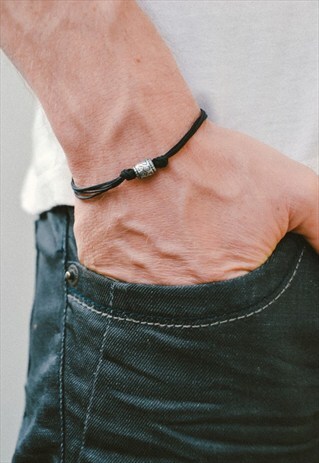 BLACK BRACELET, MEN'S BRACELET WITH SILVER TUBE BEAD