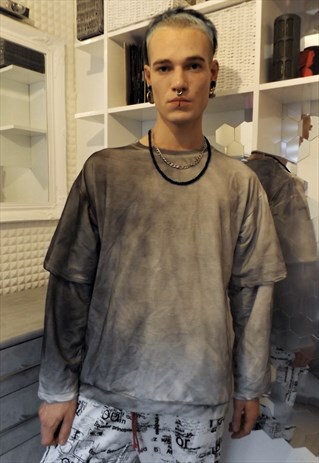 LOOSE FIT TIE DYE JUMPER GRADIENT Y2K DOUBLE SLEEVES TEE TOP