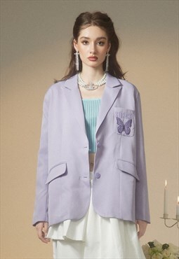 Retro blazer jacket butterfly patch Kawaii bomber in purple