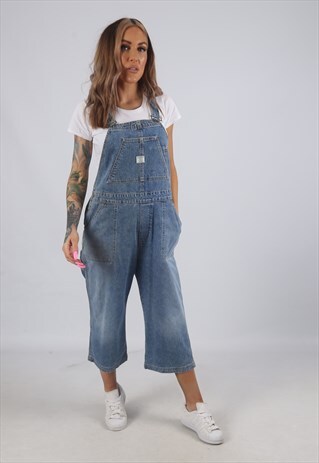 VINTAGE DENIM DUNGAREES 3/4 LENGTH CROPPED WIDE UK 12 (C3H)