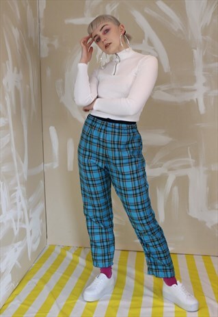 HIGH WAIST TARTAN CHECK TROUSERS IN BLUE